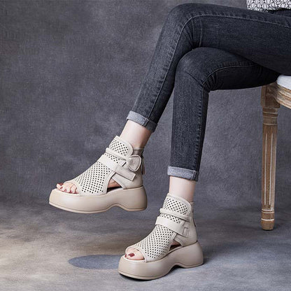 Women Platform Peep Toe Breathable Leather Sandals