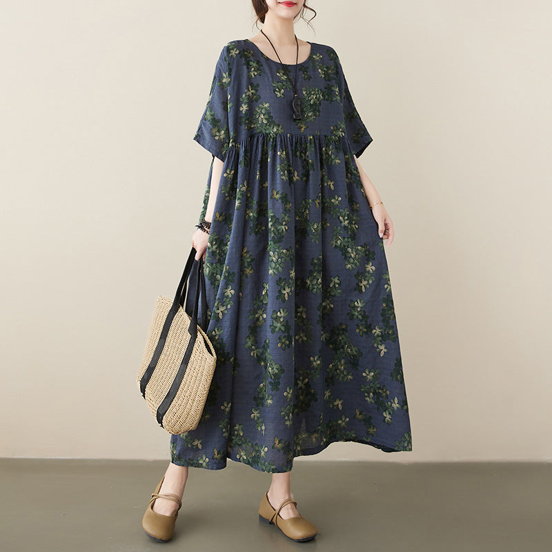 Women Plus Size Literary Loose Fit Floral Dress