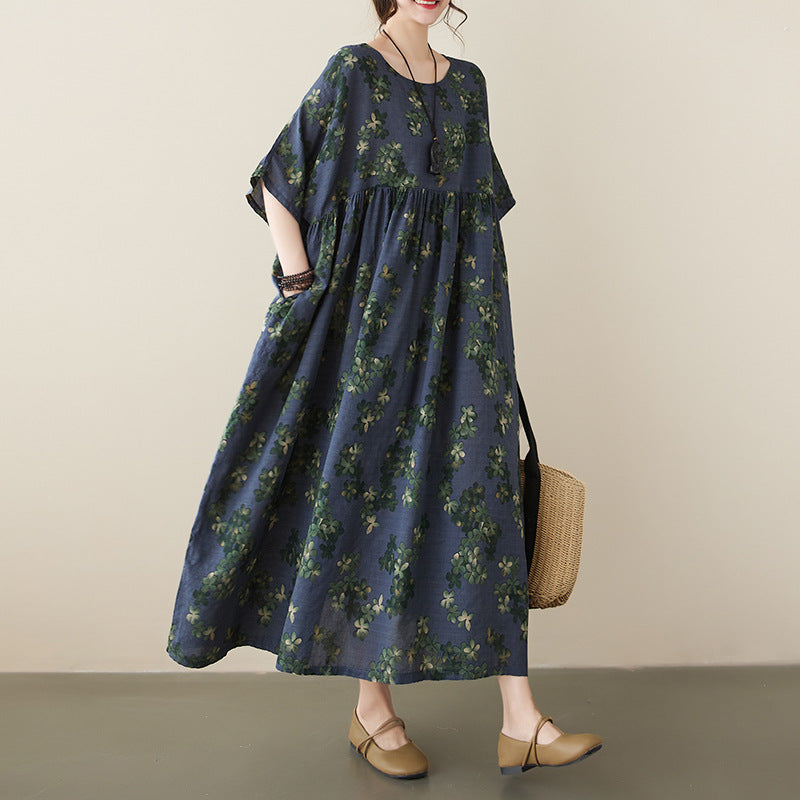 Women Plus Size Literary Loose Fit Floral Dress