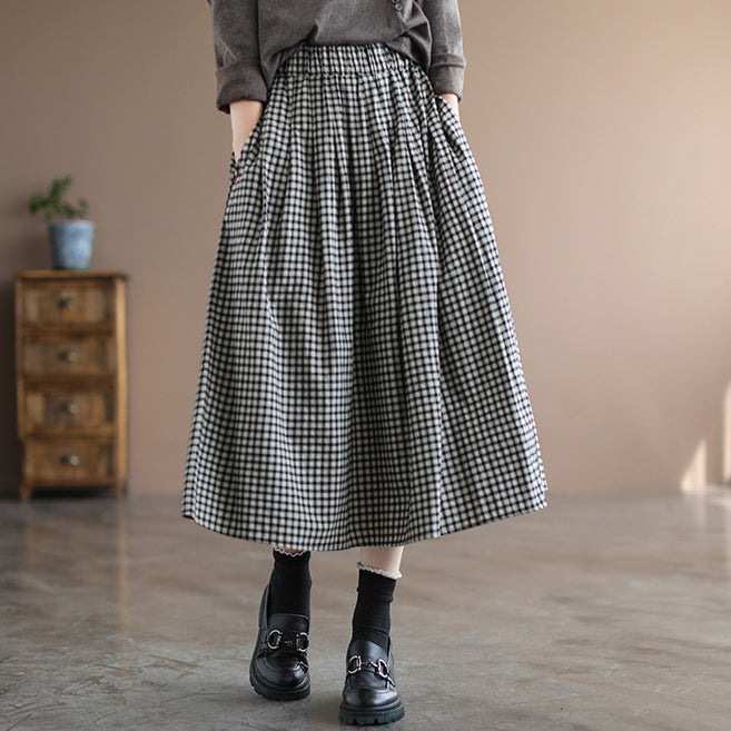 Women Retro Cotton Linen A-Line Plaid Skirt – Retrosia