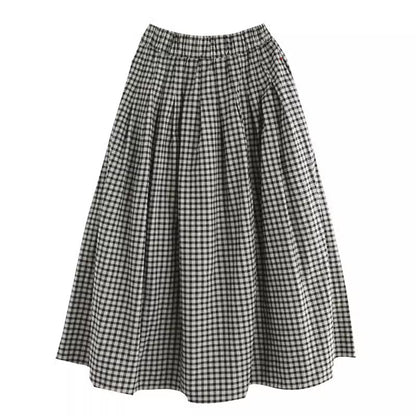 Women Retro Cotton Linen A-Line Plaid Skirt