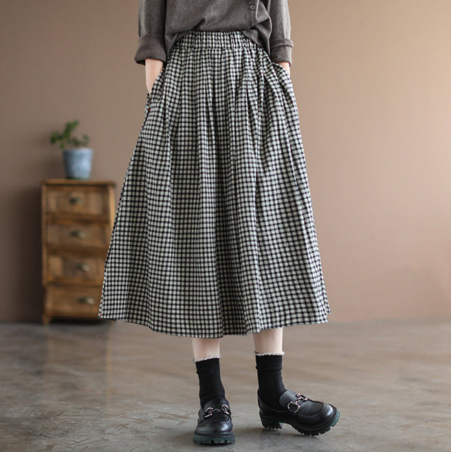 Women Retro Cotton Linen A-Line Plaid Skirt – Retrosia