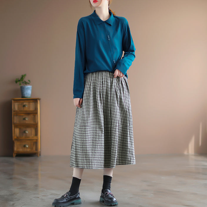 Women Retro Cotton Linen A-Line Plaid Skirt