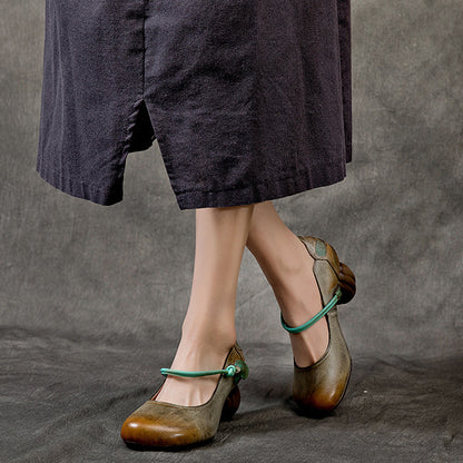Women Retro Leather Round Toe Chunky Heels Shoes