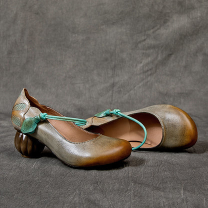 Women Retro Leather Round Toe Chunky Heels Shoes