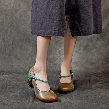 Women Retro Leather Round Toe Chunky Heels Shoes