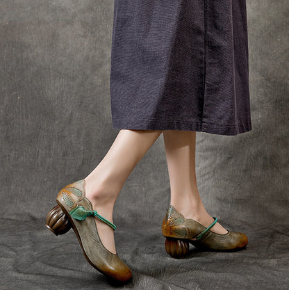 Women Retro Leather Round Toe Chunky Heels Shoes