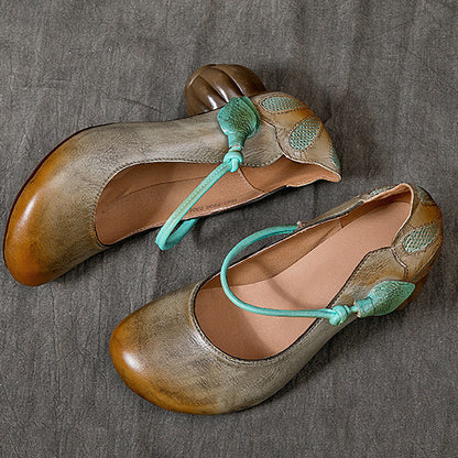 Women Retro Leather Round Toe Chunky Heels Shoes