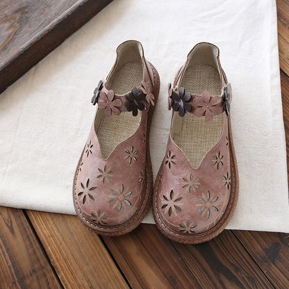 Appliqued Platform Hollow-Out Leather Shoes