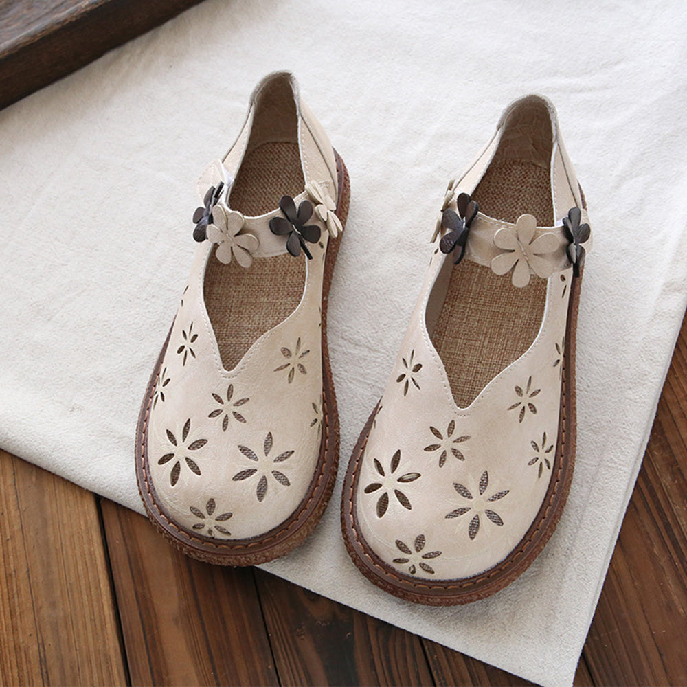 Appliqued Platform Hollow-Out Leather Shoes