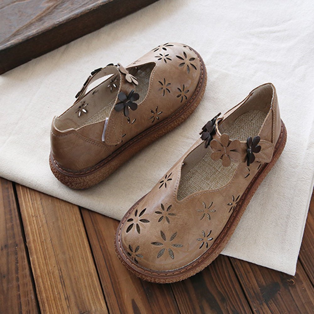 Appliqued Platform Hollow-Out Leather Shoes