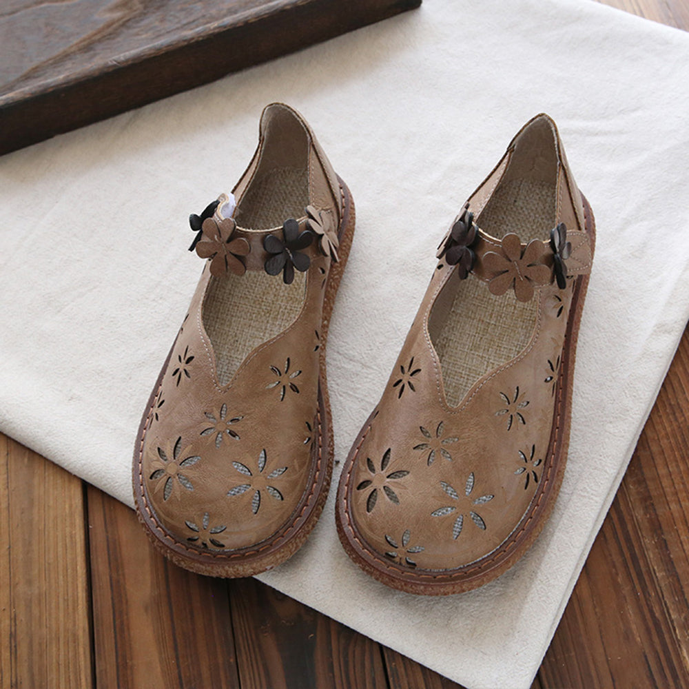 Appliqued Platform Hollow-Out Leather Shoes