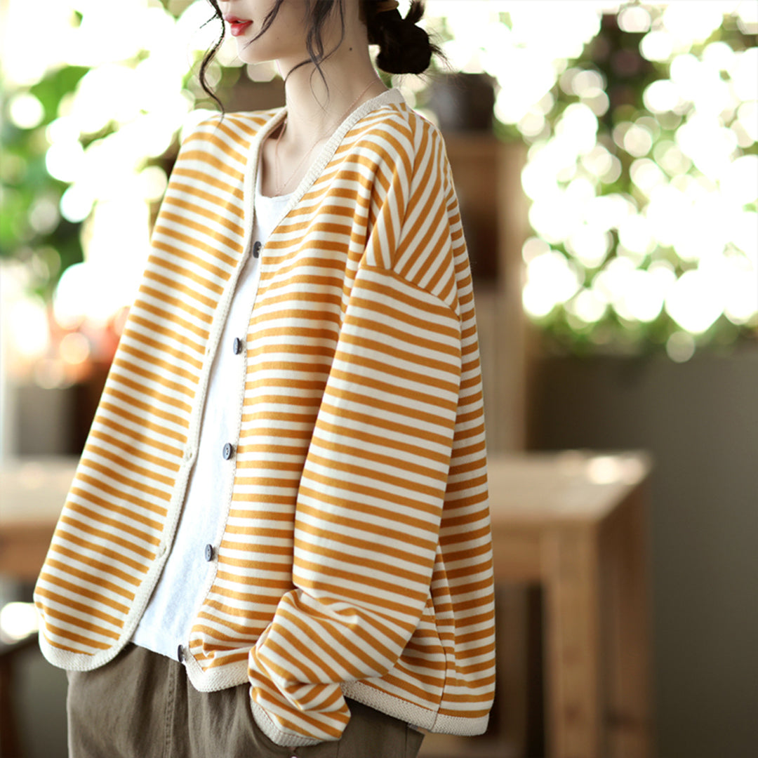 Autumn Striped Women Long-sleeved Cardigan Coat
