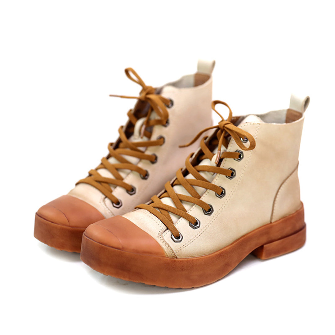 Beige Low Heel Leather Martin Boots - Luckyback