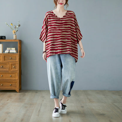 Breathable High-Low Stripe Batwing Linen Blouse