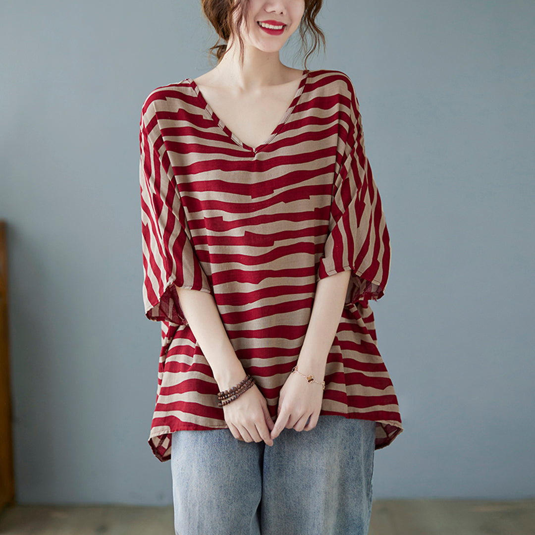 Breathable High-Low Stripe Batwing Linen Blouse
