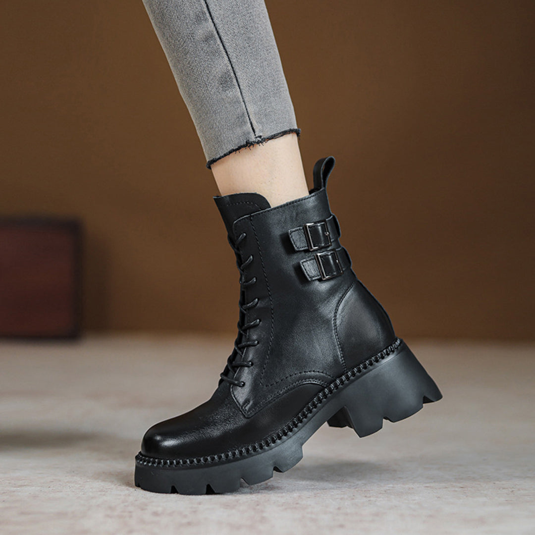 British Style Buckle Mid-Calf Boots - Luckyback