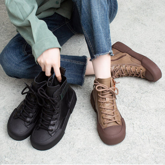 British Style Round Toe Lace-up Soft Boots