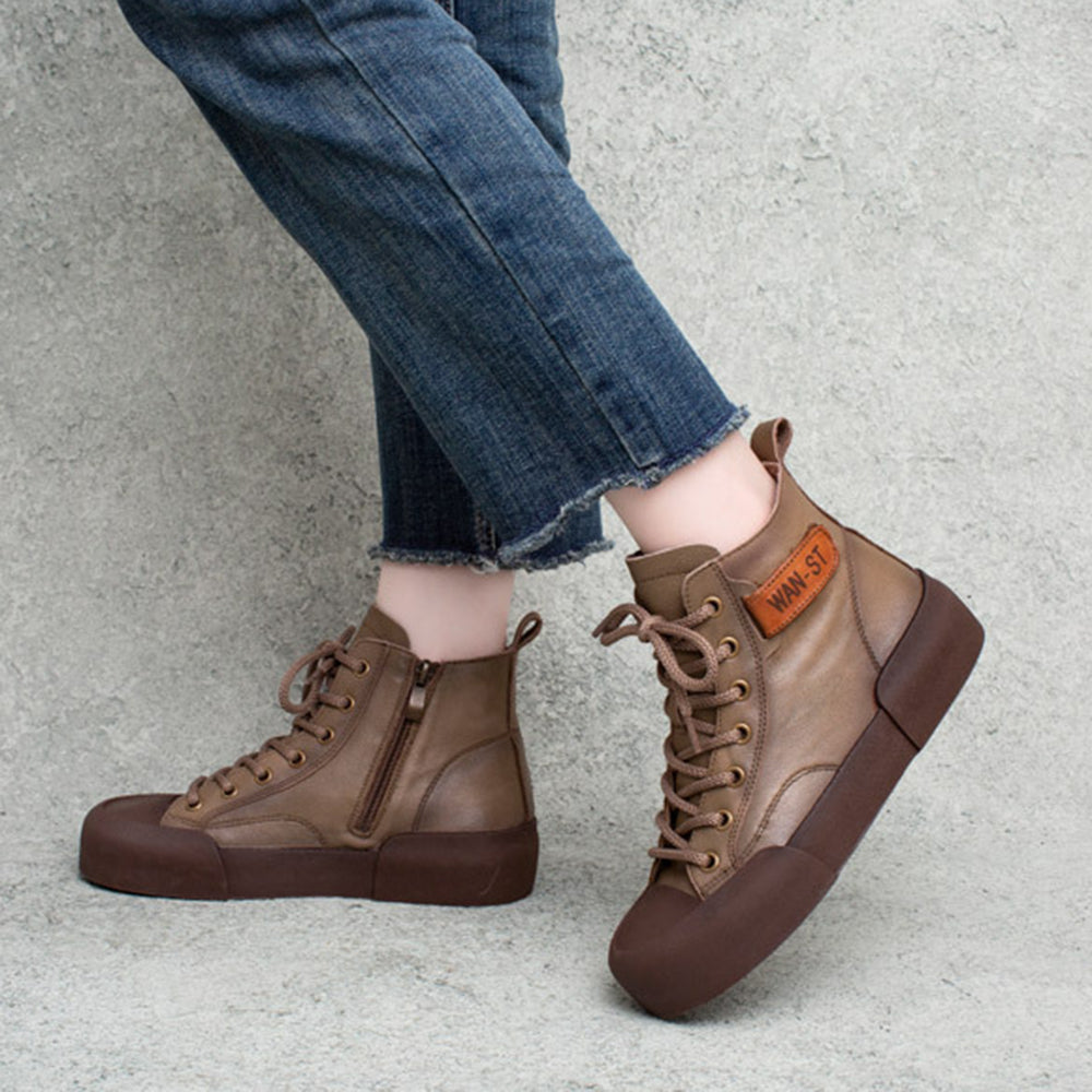 British Style Round Toe Lace-up Soft Boots