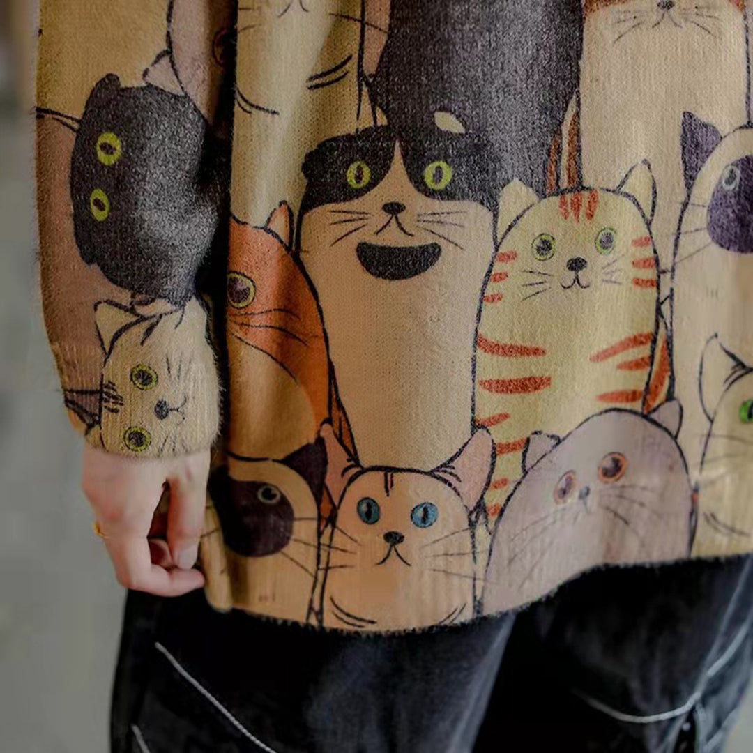 Cartoon Print Cats Casual Knit T-shirt - Luckyback