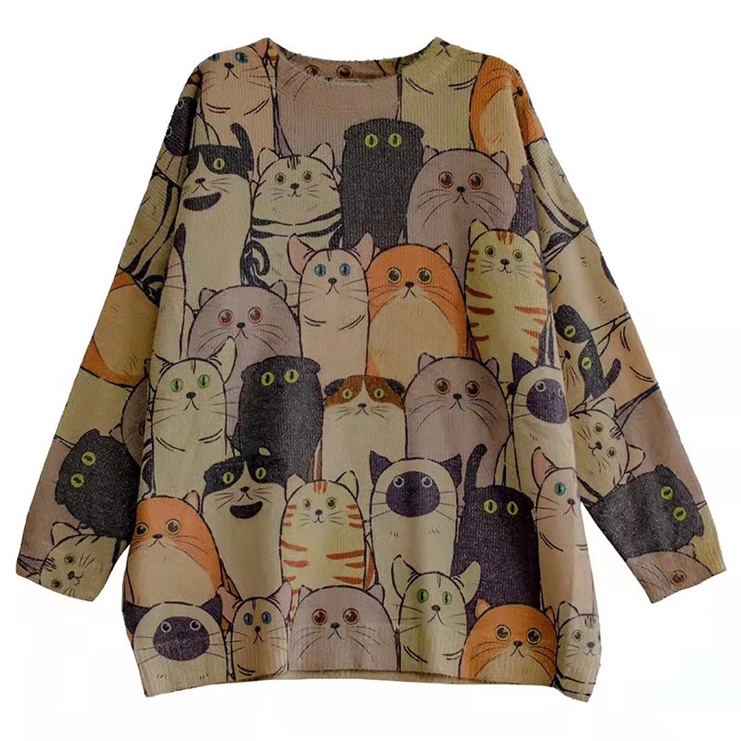 Cartoon Print Cats Casual Knit T-shirt - Luckyback