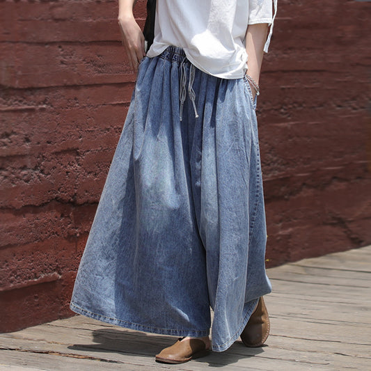 Casual Blue Shift Wide Leg Denim Pants - Luckyback