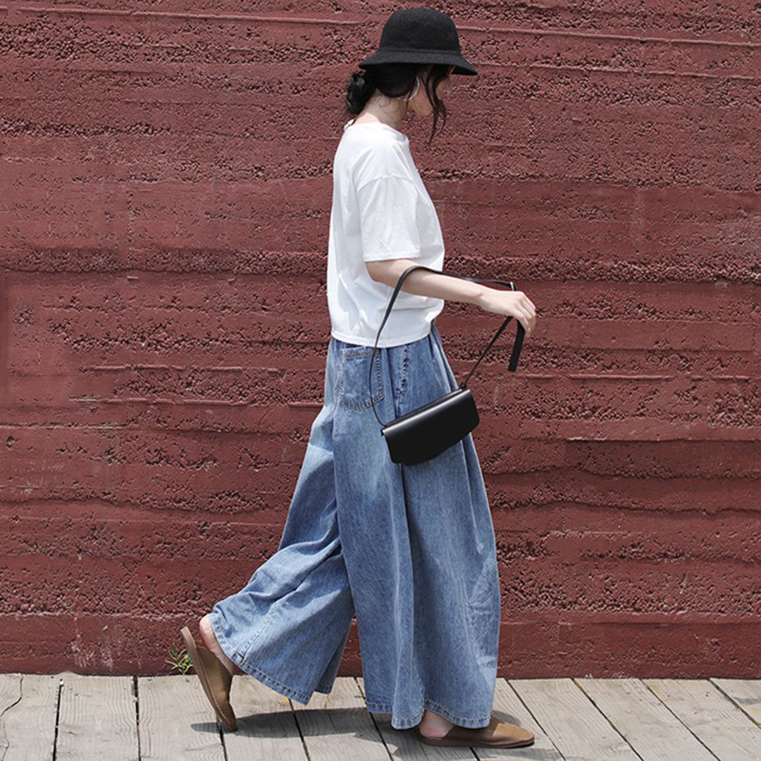 Casual Blue Shift Wide Leg Denim Pants - Luckyback