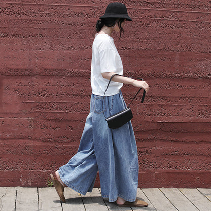 Casual Blue Shift Wide Leg Denim Pants - Luckyback