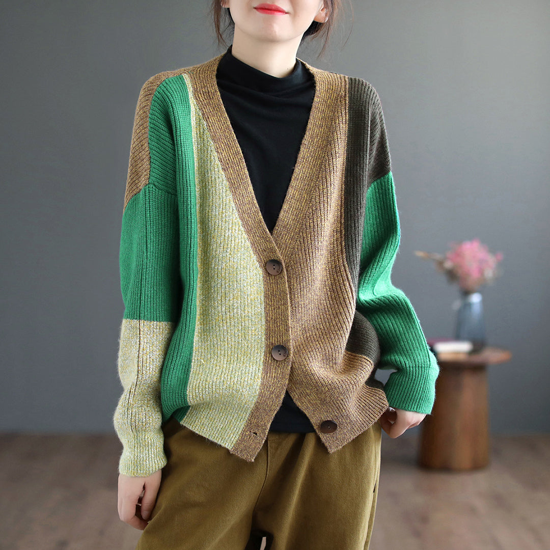 Color-Block Knitted Sweater Cardigan