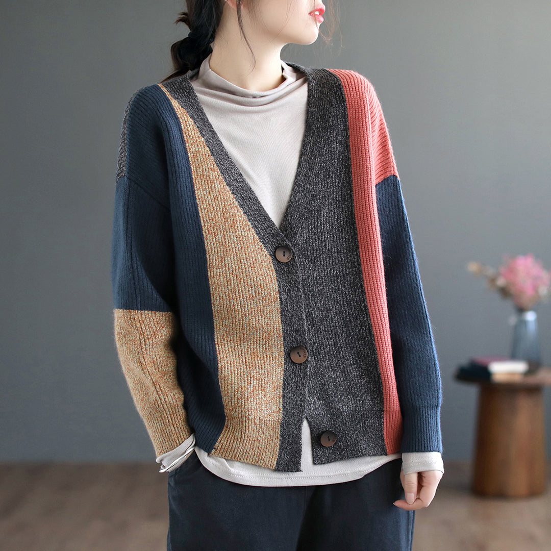 Color-Block Knitted Sweater Cardigan