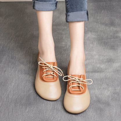 Color-Block Lace-Up Flat Leather Shoes - Luckyback