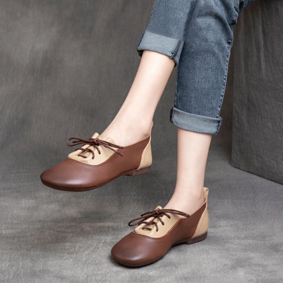 Color-Block Lace-Up Flat Leather Shoes - Luckyback