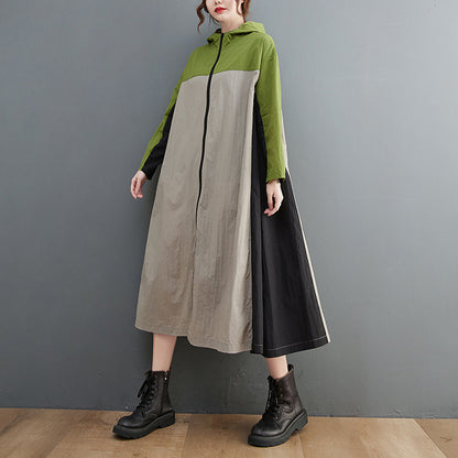 Color-Block Loose Fit Hooded Women Trench Coat