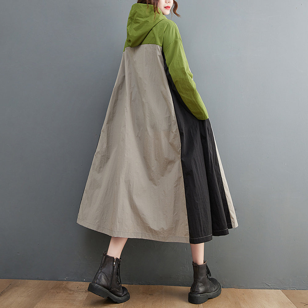 Color-Block Loose Fit Hooded Women Trench Coat