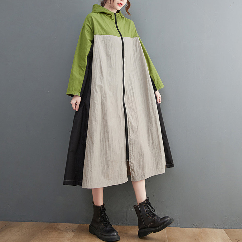 Color-Block Loose Fit Hooded Women Trench Coat