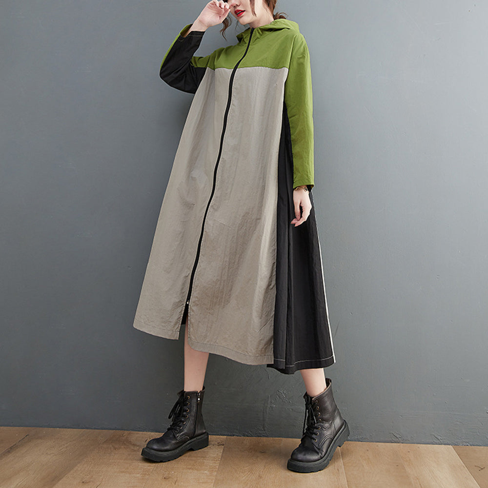 Color-Block Loose Fit Hooded Women Trench Coat