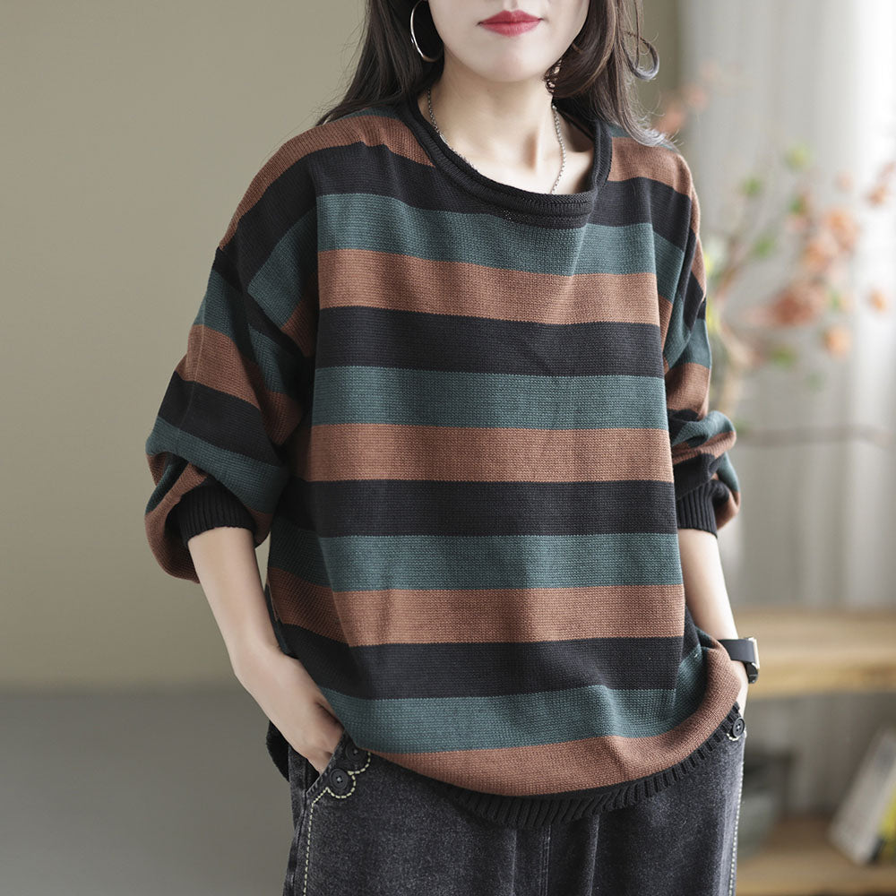 Color-block Striped Long Sleeve Knitted Blouse