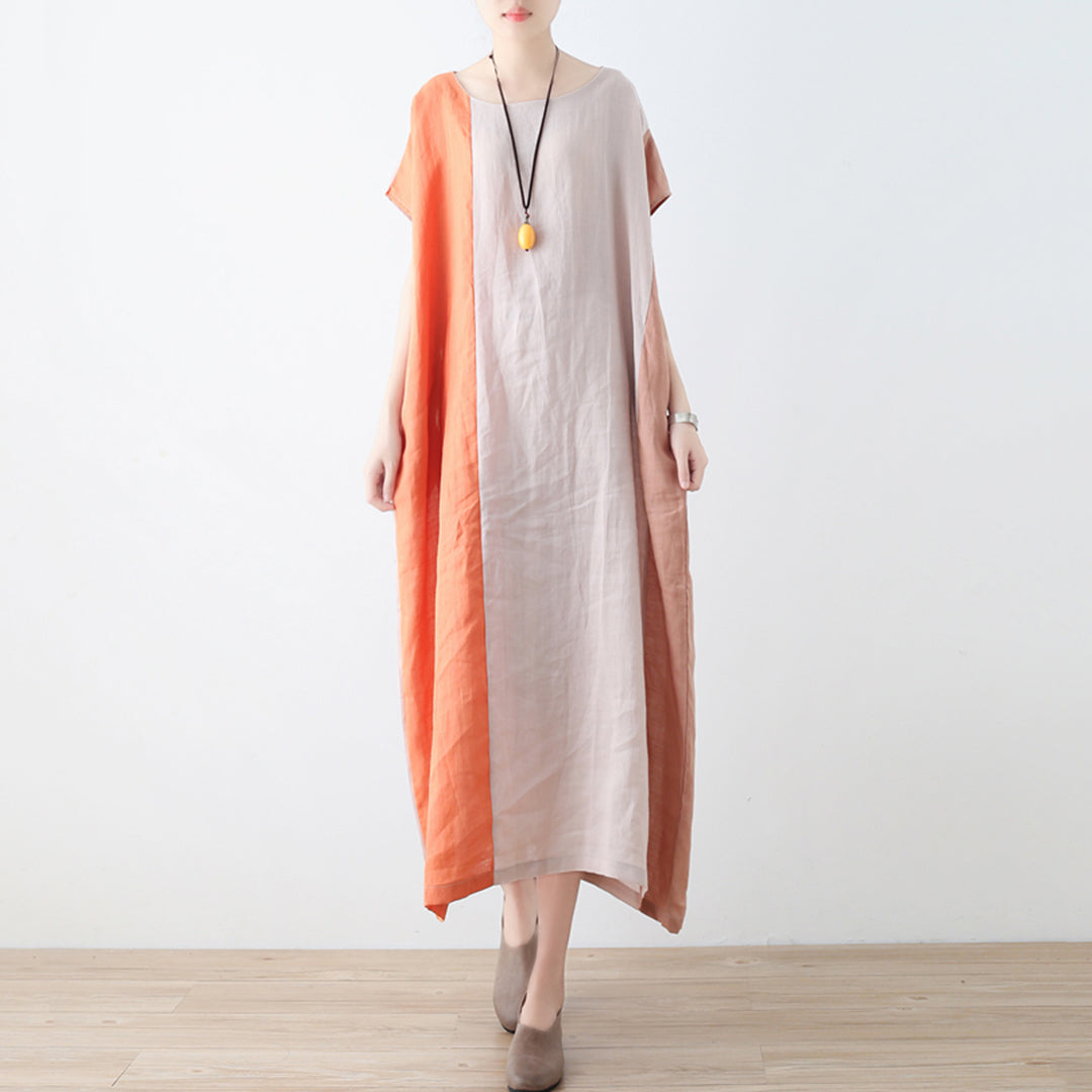Color Block Linen Loose Fitting Dress - Luckyback
