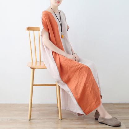 Color Block Linen Loose Fitting Dress - Luckyback