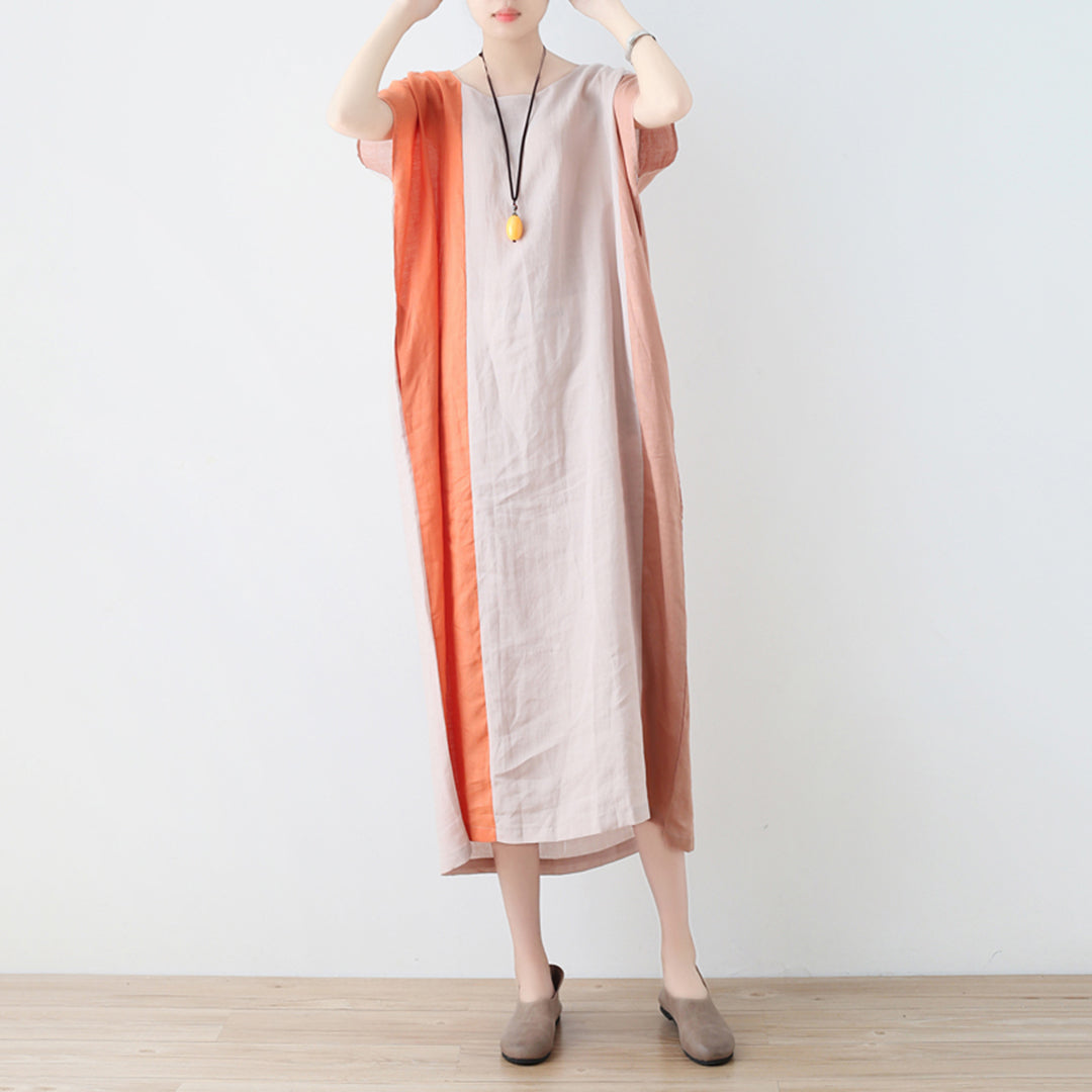 Color Block Linen Loose Fitting Dress - Luckyback