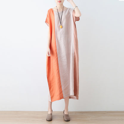 Color Block Linen Loose Fitting Dress - Luckyback