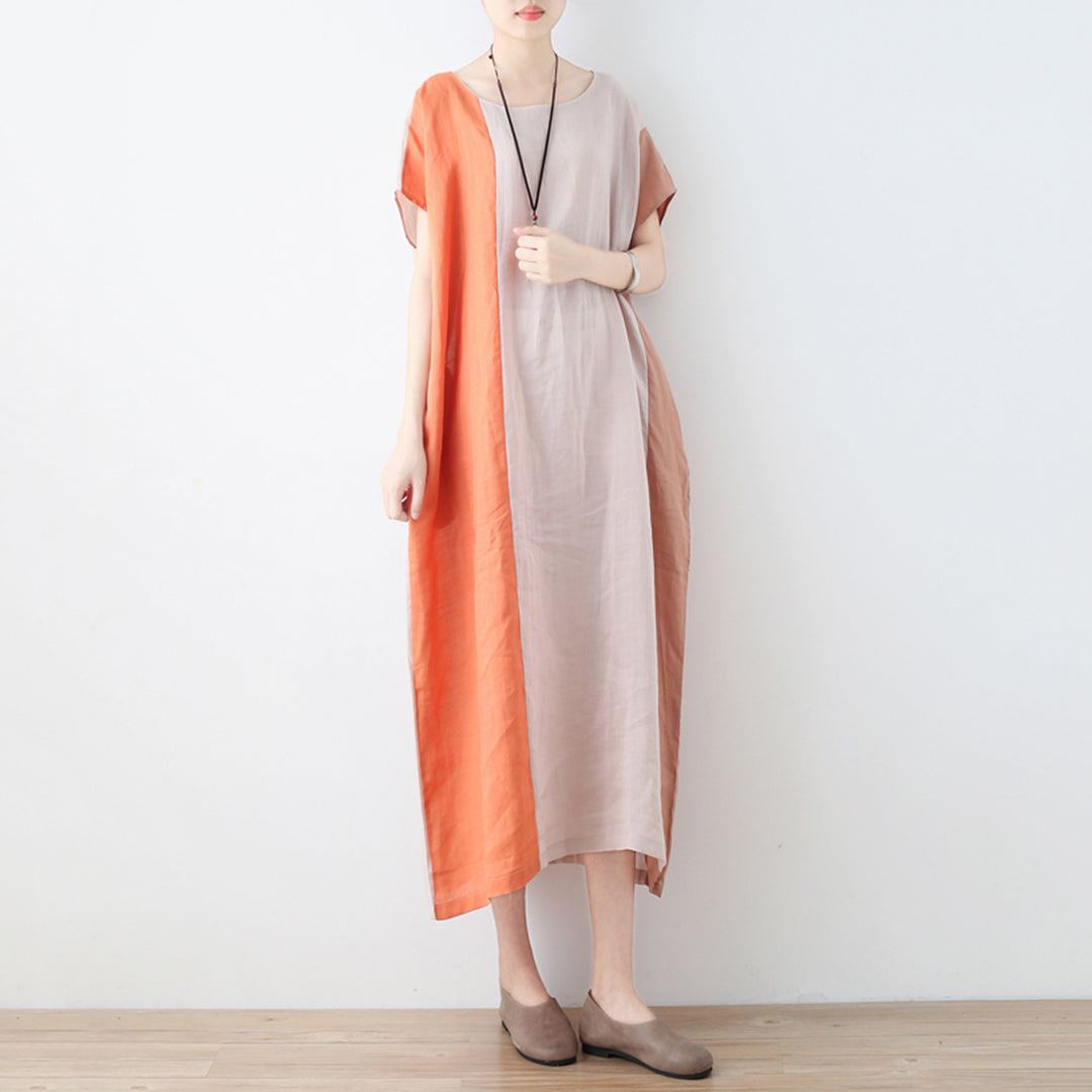 Color Block Linen Loose Fitting Dress - Luckyback