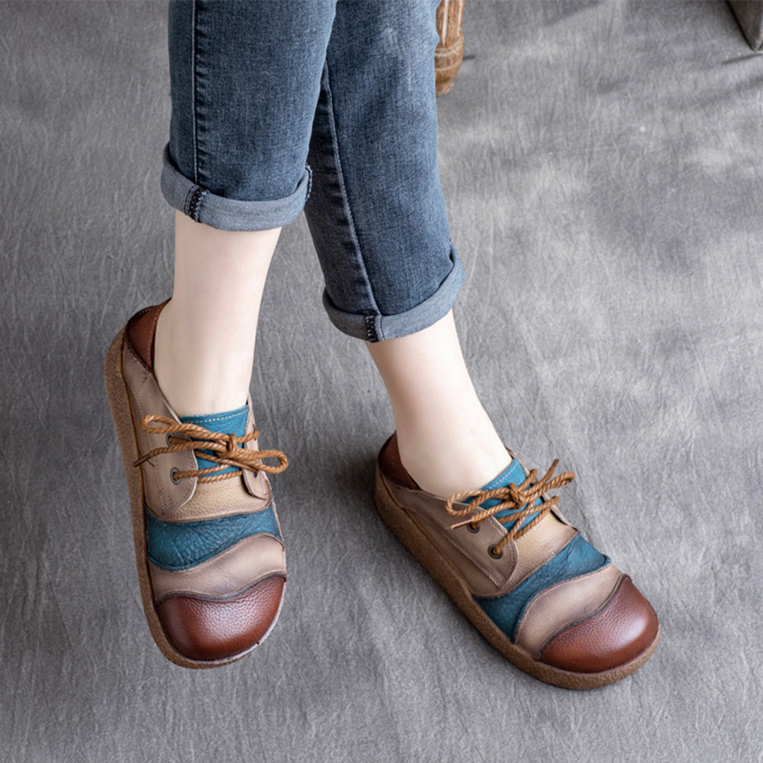 Color Block Retro Soft Leather Shoes - Luckyback