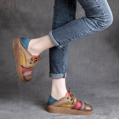 Color Block Retro Soft Leather Shoes - Luckyback