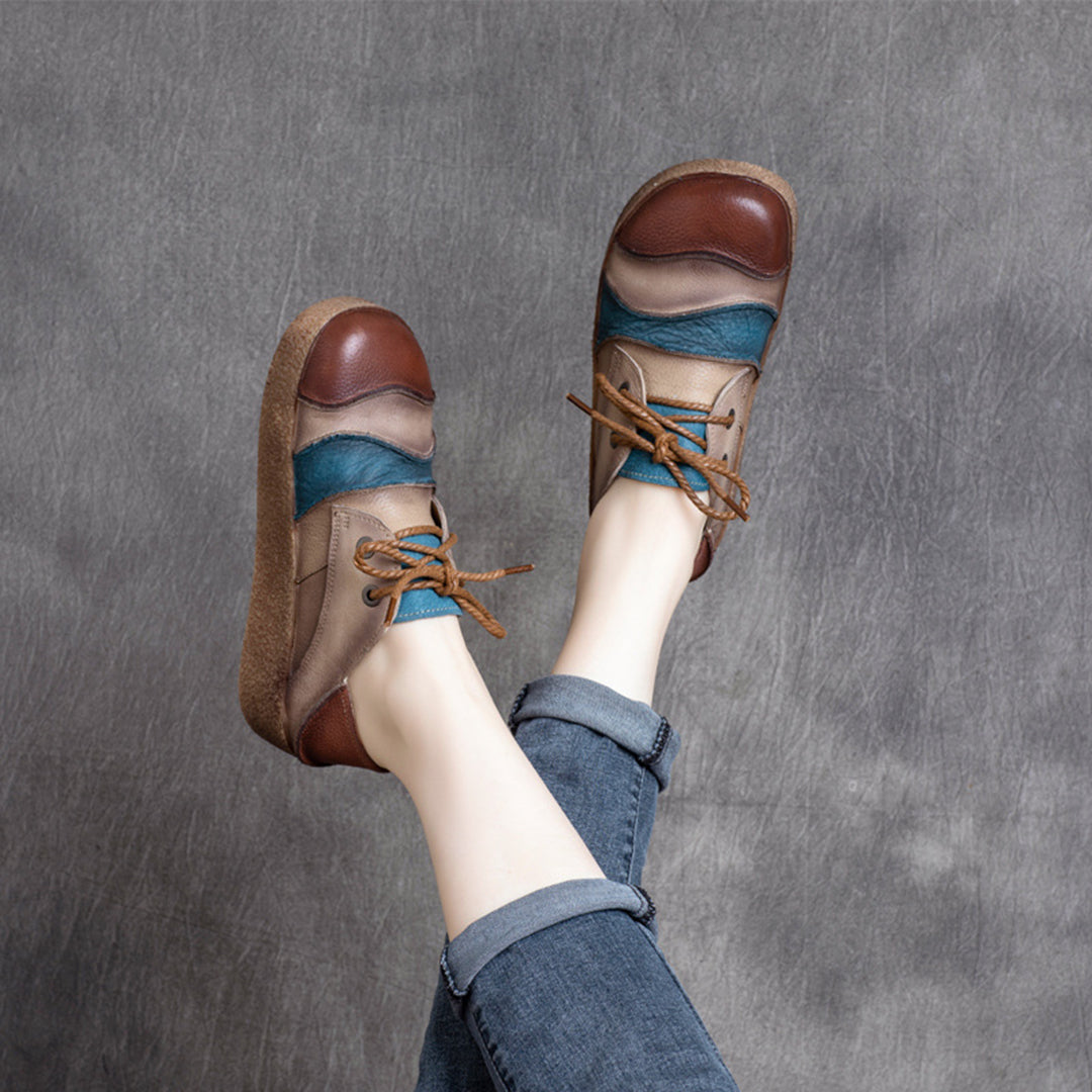 Color Block Retro Soft Leather Shoes - Luckyback