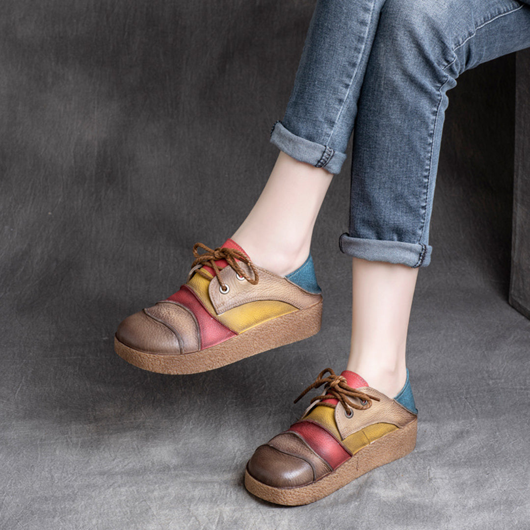 Color Block Retro Soft Leather Shoes - Luckyback