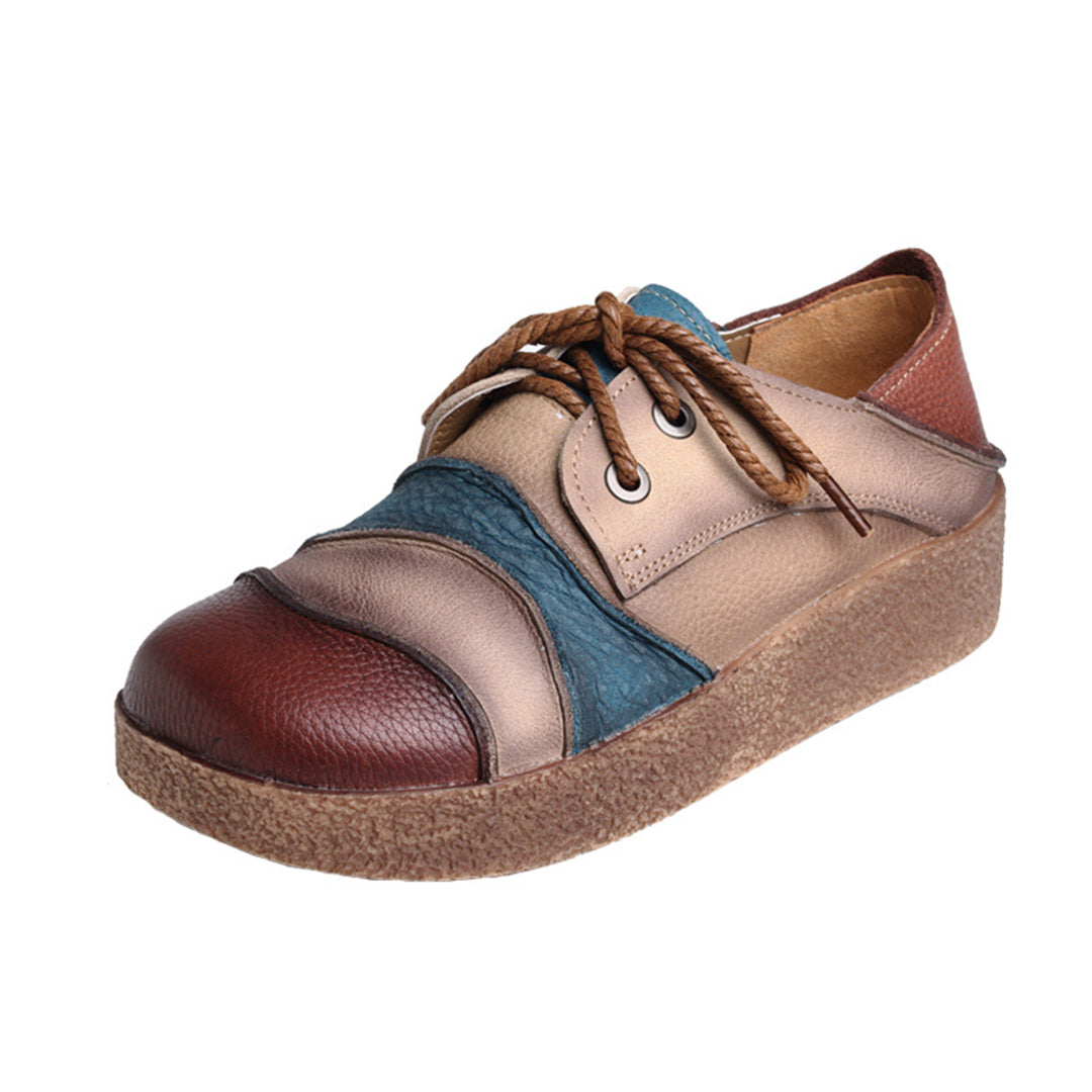 Color Block Retro Soft Leather Shoes - Luckyback