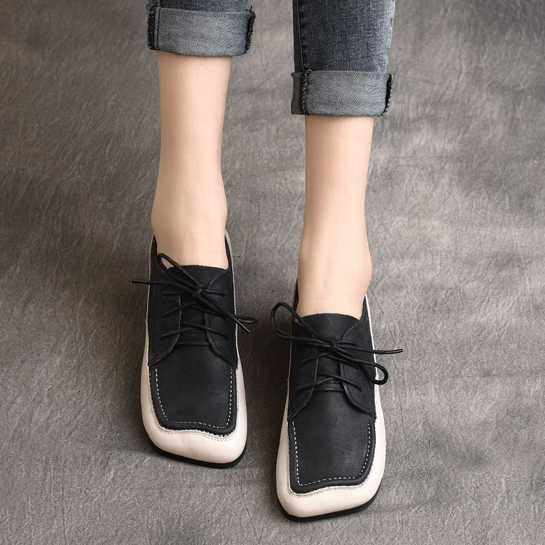 Color Block Square Toe Lace Up Flat Shoes - Luckyback