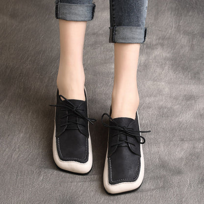 Color Block Square Toe Lace Up Flat Shoes - Luckyback