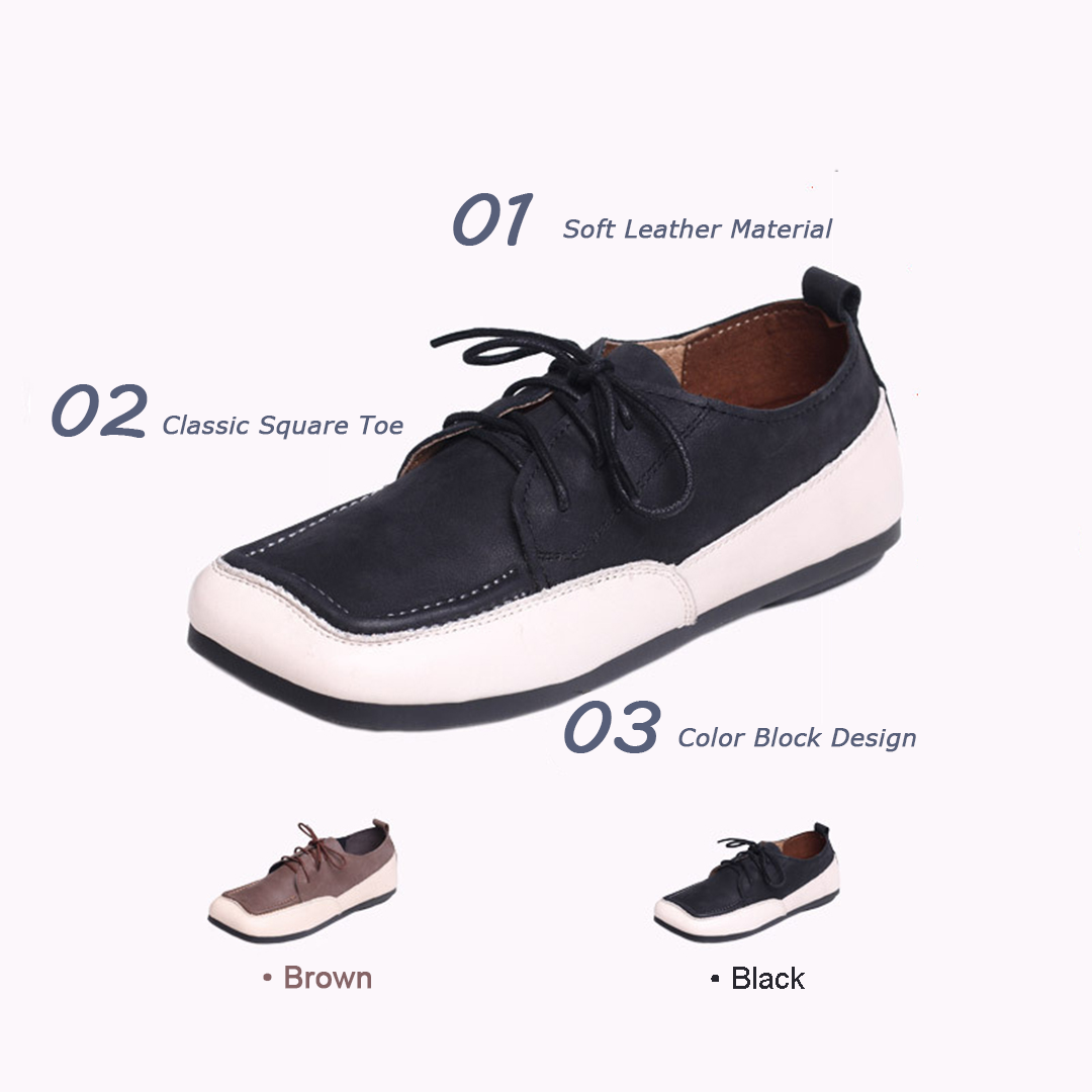 Color Block Square Toe Lace Up Flat Shoes - Luckyback